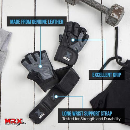 MRX Weight Lifting Pro Level Gloves with 18 Inches Long Wrist Strap Gym Workout Exercise & Fitness in - color: Black Grey, size: Small