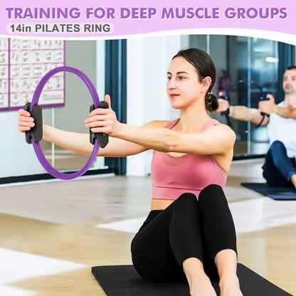 Goocrun Pilates Ring Set Exercise Equipment, with Exercise Resistance Bands Set, Pilates Ball, Sliding Disks. Portable Home Gym - with Fitness Guide Poster - color: Purple, size: Basic-level
