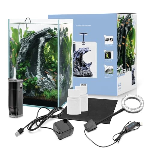 Aqua Worx Sand Waterfall Tank Kit - Silent Operation Falling Sand Fish Tank w/LED Light and Self Cleaning Filtration - Desktop Rimless Starter Aquarium Kit, Just Add Plants - 9.51GAL | 36L (A2) - size: A2 (30CM)