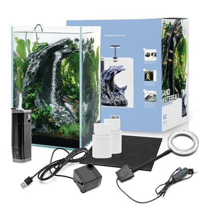 Sand Waterfall Tank Kit - Silent Operation Falling Sand Fish Tank w/LED Light and Self Cleaning Filtration - Desktop Rimless Starter Aquarium Kit, Just Add Plants - 9.51GAL | 36L (A2) - size: A2 (30CM)