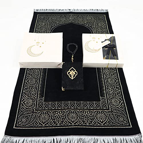 IEF Muslim Prayer Rug Islamic Prayer Mat Quran Prayer Beads Gift Set, Ramadan Eid Gifts, Birthday Gifts for Men, Fathers Day Gift, Velvet Prayer Rug Arabic Quran Pearl Tasbeeh - color: Black with Bag