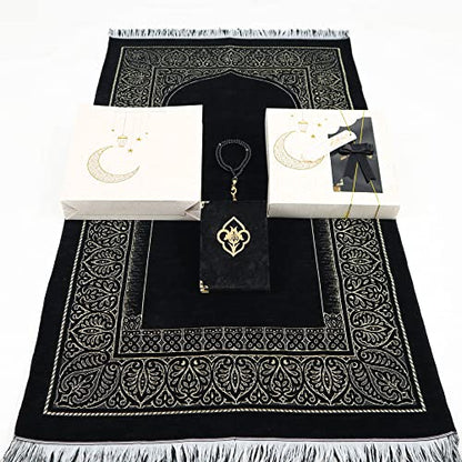 IEF Muslim Prayer Rug Islamic Prayer Mat Quran Prayer Beads Gift Set, Ramadan Eid Gifts, Birthday Gifts for Men, Fathers Day Gift, Velvet Prayer Rug Arabic Quran Pearl Tasbeeh - color: Black with Bag