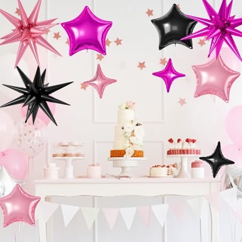 Black Hot Pink Star Balloons,16Pcs 22/18/10 Inch Foil Mermaid Decor Set - color: Black Hot Pink