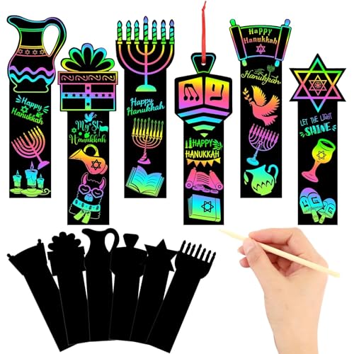 JUNEBRUSHS Scratch Bookmarks, Rainbow Magic Scratch Paper Art DIY Crafts Kit for Classroom Activity Gifts (Hanukkah Style) - style: Hanukkah Style