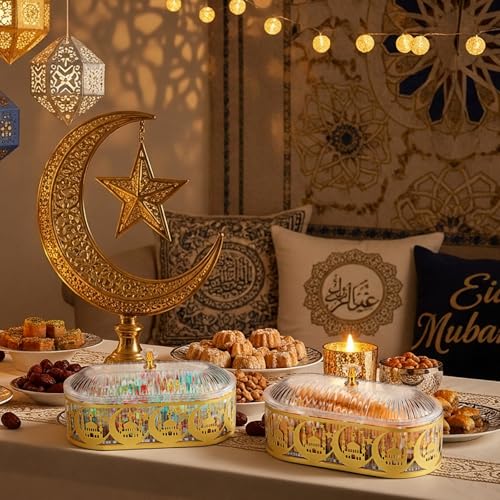 Willinglong 2 Pcs Ramadan Trays with Lid Eid Mubarak Gold Plates Dishes Table Decoration Muslim Islamic Serving Trays Metal Dessert Storage Container for Celebration (Ramadan Moon) - style: Ramadan Moon
