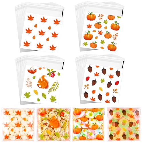 ZYLOP 200 Pcs Fall Cookie Bags - 4" x 4" Self-Sealing Fall Cellophane Treat Bags, Thanksgiving Goodie Bags for Candy, Snack & Small Gifts Packaging- Harvest Party Favors Decorations Supplies - color: Fall 200pcs