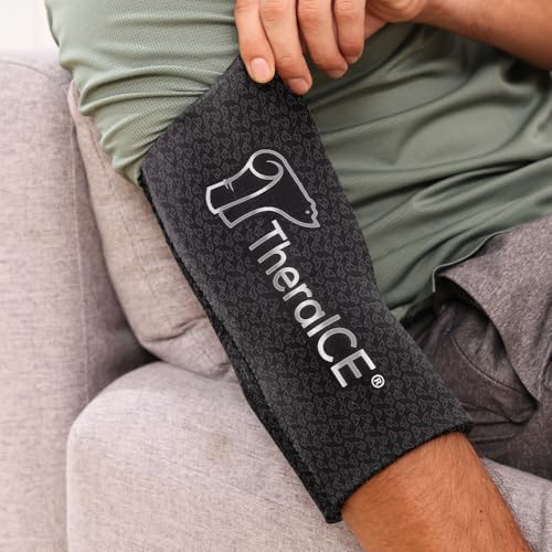 TheraICE Elbow Ice Pack Compression Sleeve for Injuries | Reusable Arm Gel Cold Pack Wrap | Tennis Elbow & Golfers | Calf Tendinitis Pain Relief | Shin Splints | FocusZone Extra Cooling | Women & Men - color: PRO Shadow Black, size: Large/X-Large