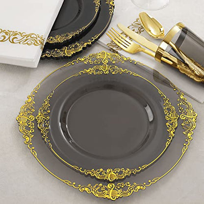 Nervure 175pcs Clear Black Plastic Plates - Gold Plastic Dinnerware Set for 25 Guests include 50 Disposable Plates,75 Gold Silverware,25 Cups,25 Napkins Perfect for Party&Independence Day - color: Black, style: 175Pcs(25Guests)