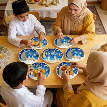 Ramadan Plates for Home Blue and Gold Eid Mubarak Ramadan 9 Inch 24Pcs Paper Plates for Ramadan Party Decorations