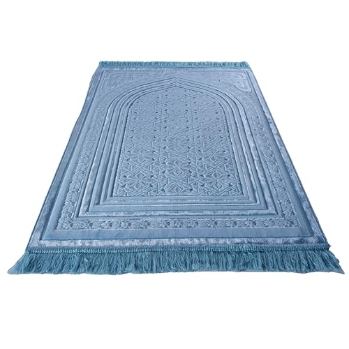 Modefa Luxury Velvet Prayer Rug with Prayer Beads | Soft Elegant Muslim Turkish Janamaz Sajada Carpet for Men and Women | Plain Solid Prayer Mat Ramadan Eid Gift - Najma (Najma Steel Blue) - color: Najma Steel Blue