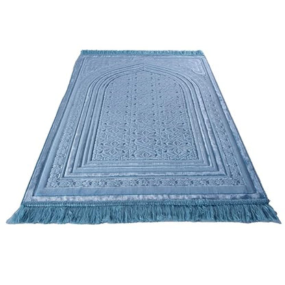 Modefa Luxury Velvet Prayer Rug with Prayer Beads | Soft Elegant Muslim Turkish Janamaz Sajada Carpet for Men and Women | Plain Solid Prayer Mat Ramadan Eid Gift - Najma (Najma Steel Blue) - color: Najma Steel Blue
