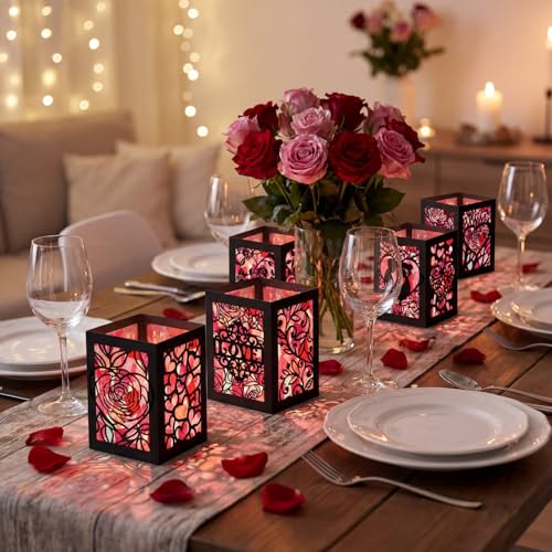 Retisee 24 Pcs Valentine's Day Decorations Paper Lanterns Craft Kits Valentine's Day Candles Holders Paper Boxes Lanterns DIY Craft Kits for Home Decorations Art Project - style: Valentine's Day