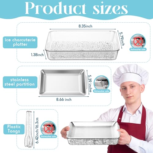 Baderke 6 Set 8.7x5.5'' Small Chilled Serving Tray for Parties with Tongs, Ice Chilled Platter Cold Serving Dish for Charcuterie Dip Fruit Seafood Vegetable Salad Appetizer Shrimp Cocktail(Sliver)