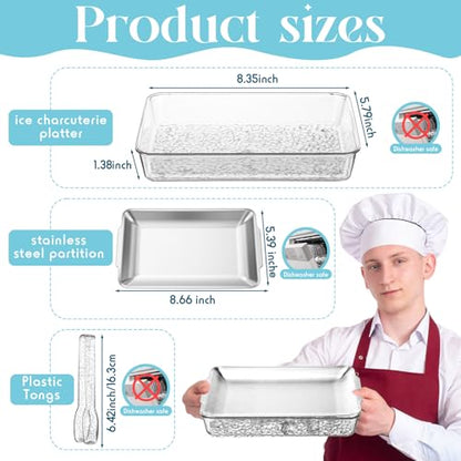 Baderke 6 Set 8.7x5.5'' Small Chilled Serving Tray for Parties with Tongs, Ice Chilled Platter Cold Serving Dish for Charcuterie Dip Fruit Seafood Vegetable Salad Appetizer Shrimp Cocktail(Sliver)