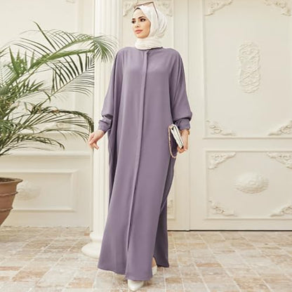 IKADEX Women Batwing Sleeve Abaya Button Loose Fit Long Maxi Muslim Dress Islamic Kaftan Prayer Robe - color: Purple