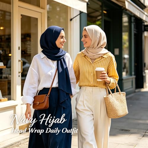 Hijab Scarf for Women, 3PCS Set with Undercap and Hijab Clip Lightweight Modal Muslim Head Wrap Scarf for Daily - color: Sy5-navy Hijab+black Undercap