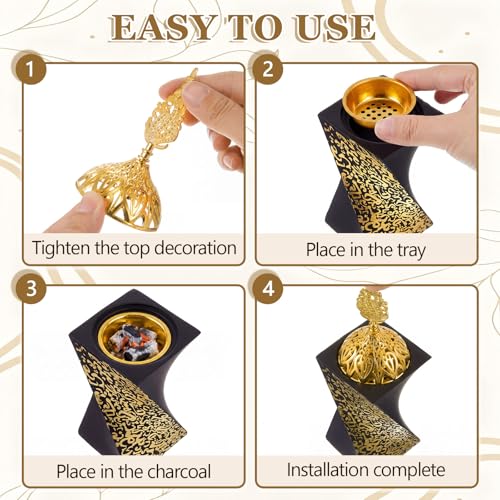 Zonon 2 Pcs Resin Incense Burners Bakhoor Burner with Tongs Charcoal Frankincense Censer Middle Eastern/Islamic Style Decorative for Yoga Spa Aromatherapy Meditation Office Home Decor (Black Gold)