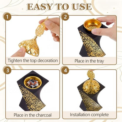 Zonon 2 Pcs Resin Incense Burners Bakhoor Burner with Tongs Charcoal Frankincense Censer Middle Eastern/Islamic Style Decorative for Yoga Spa Aromatherapy Meditation Office Home Decor (Black Gold)