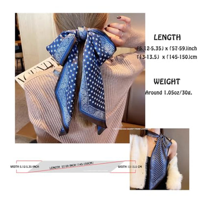 Silk Feeling Head Scarf Fashion Satin Hair Scarf Square Long Scarves for Women Gifts - color: 02 Blue Black Scarf 5.12 X 59 Inch