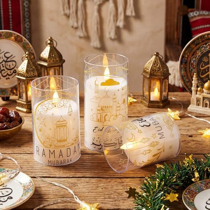 Huquary 3 Pcs Eid Mubarak Pillar Flameless Candles with Remote Ramadan Decorations Ramadan LED Flickering Candles Battery Operated Plastic Pillar Candlesticks for Eid Fit Gifts Home Decor, 3", 5", 6"
