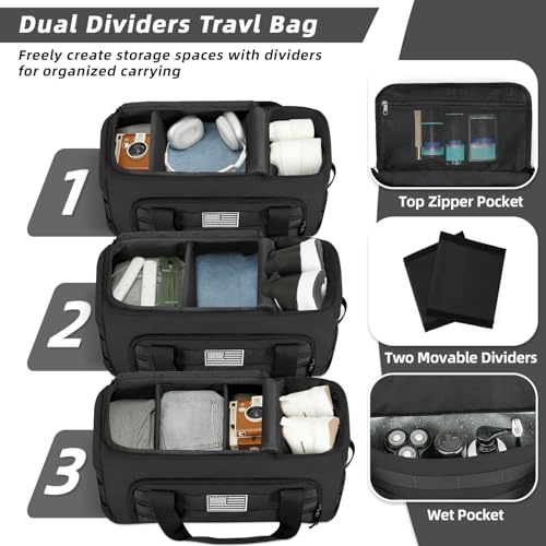 ZOMFELT Tactical Gym Bags for Men, Travel Duffle Bag with Removable Dividers & Innovative Shoe Compartment, 3-in-1 Waterproof MOLLE Gym Duffel Backpack, Airplane Carry-On Approved, Black - size: Large