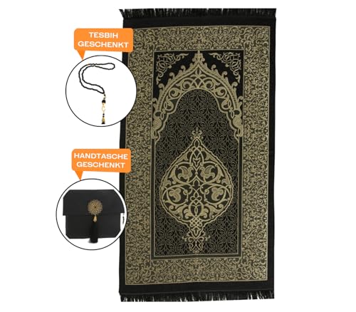 Prien Muslim Prayer Rug with Tasbih and Portable Bag, Muslim Gift for Women Men, Mubarak Islamic Box, Soft Mat Islam Gifts Set, Turkish Sajadah for Ramadan, Eid, Hajj, Travel, Pray (Black) - color: Black