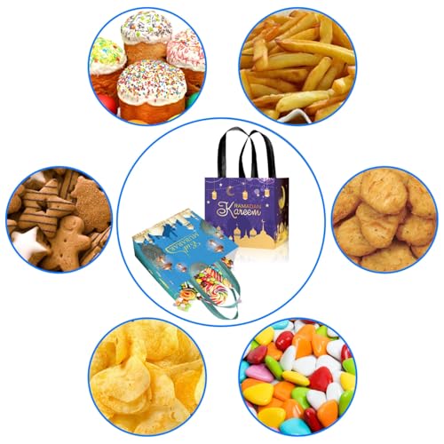 LOONELO Ramadan Mubarak Gift Bags with Handle, 8pcs Eid Mubarak Non-Woven Favor Tote Bags for Goodie, Biscuit, Muslim Reusable Candy for Ramadan Kareem Hajj Festival Wedding Party Decorations