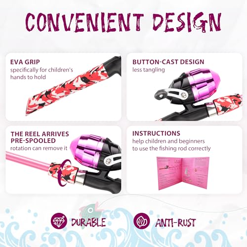WIDDEN Kids Fishing Pole, Portable Telescopic Kids Fishing Poles for Boys and Girls, Fishing Rod and Reel Combo Kit with Tackle Box, and Fishing Net, Best Fishing Pole for Toddler Youth - color: Pink+Pink