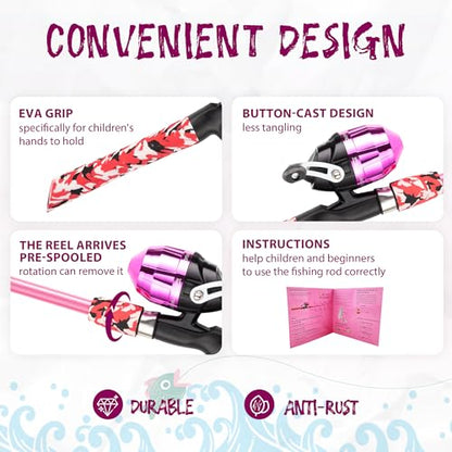 WIDDEN Kids Fishing Pole, Portable Telescopic Kids Fishing Poles for Boys and Girls, Fishing Rod and Reel Combo Kit with Tackle Box, and Fishing Net, Best Fishing Pole for Toddler Youth - color: Pink+Pink