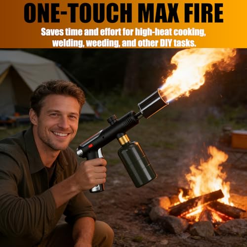 Propane Torch Gun with One-Touch Max Fire, Powerful Handheld Cooking Blow Torch with a Safety Lock for Sous Vide Searing Steak, Grill, Charcoal Starter, Campfire, Weeding, Tank Not Included (Black) - color: Black