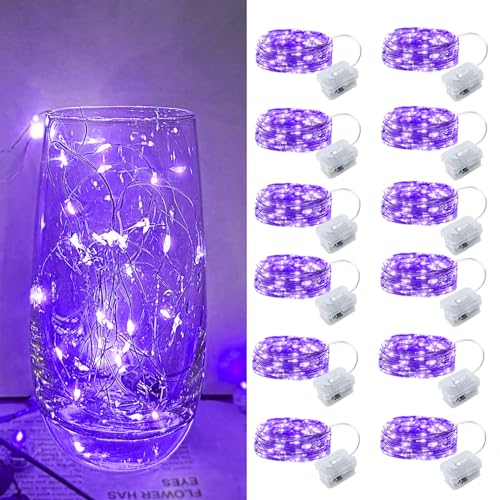 12 Pack Led Fairy Lights - Purple, Battery Operated LED Silver Wire String Lights, 7FT 20LED Mini Firefly Starry String Lights Waterproof Led Twinkle Lights for Mason Jar DIY Christmas Decor - color: Purple