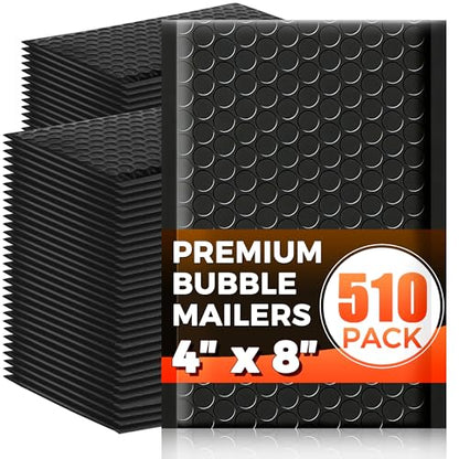 510-Pack Bubble Mailer 4'' x 8'' - Self-Sealing Waterproof Small Mailing Envelopes Padded Lightweight Shipping Bags for Accessories, Small Parts, Jewelry, Trading Cards, Compact Items 4x7 Usable Space - color: Black - 510 Pack