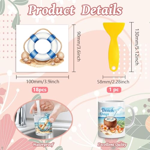 Peacoblue 18 Sheets Rub on Transfers for Crafts, Summer Elements 3.6"x3.9" UV DTF Cup Wraps Waterproof Rub on Cold Transfers Stickers for Wood Glass Metal Cup Tumblers Mirrors Mugs Home Decor - style: Summer Elements