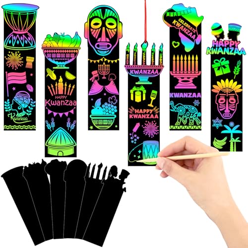 JUNEBRUSHS 30Pcs Kwanzaa Crafts for Kids, Rainbow Magic Scratch Art Paper Bookmarks Kwanzaa Gifts for Kids School Classroom Activities Games DIY Arts and Crafts Kit Party Favors - style: Kwanzaa Style