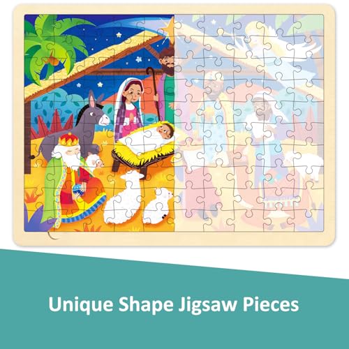 Wooden Nativity Puzzle for Kids Ages 3-5, Baby in The Manger 100 Piece Puzzles for Kids Ages 4-8 with Tray, Religious Christmas Puzzle for 3 4 5 6 7 8 Year Old - style: 100 Piece