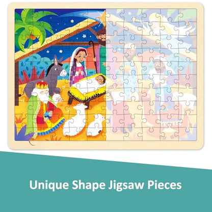 Wooden Nativity Puzzle for Kids Ages 3-5, Baby in The Manger 100 Piece Puzzles for Kids Ages 4-8 with Tray, Religious Christmas Puzzle for 3 4 5 6 7 8 Year Old - style: 100 Piece