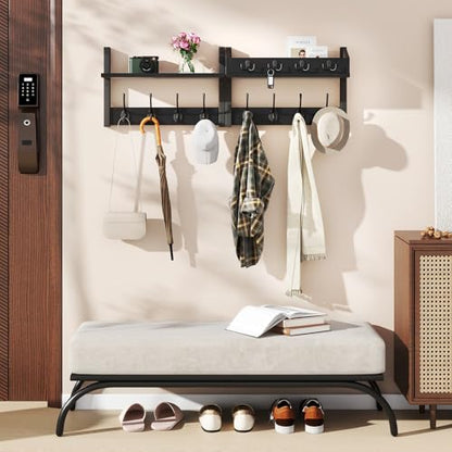 YMYNY 31.5" Coat Rack Wall Mount with Shelf, 4 in 1 Key and Coat Hanger with 12 Metal Hooks, Wall Shelf with Hooks & Mail Holder for Living Room, Bedroom, Black, HWS007B-2 - color: Black, size: 31.5" - 4-in-1