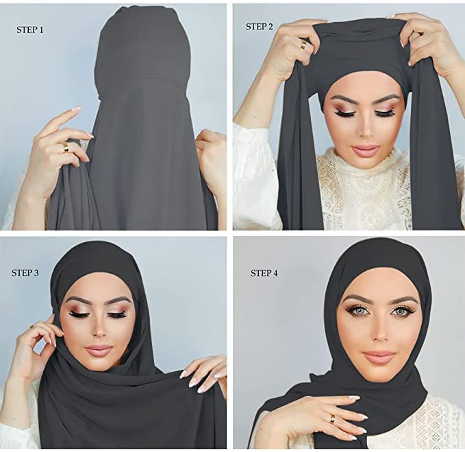 Yeieeo Instant Chiffon Hijab with Undercap (Tube or Bandage Cap), Breathable, no sweat buildup,Solid Chiffon Head Wraps - color: Dark Gray