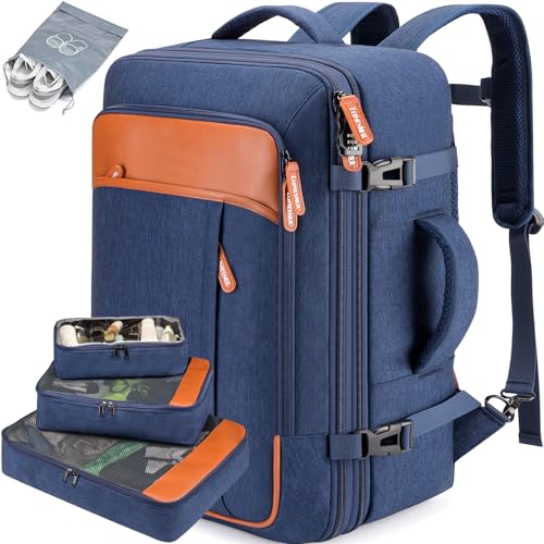 Lumesner 40L Expandable Carry On Travel Backpack with 4 Packing Cubes - color: Blue, size: 20 inches