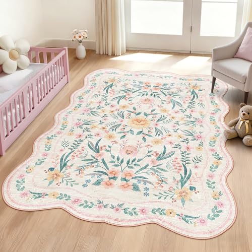 Pink Floral Rug 5X7 for Girls Bedroom or Nursery, Scalloped Washable Non-Slip Area Rug, Cute Soft Boho Carpet for Kids Room, Dorm, or Playroom - color: Pink Scalloped, size: 5' x 7' (Rectangular)