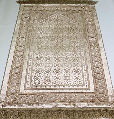 Modefa Velvet Prayer Rug with Prayer Beads Turkish Janamaz Sajadah Floral Stamp Luxury Plush (Mink) - color: Mink