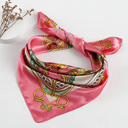 QBSM Womens 23.6 inch Satin Silk Feeling Formal Square Neck Scarf Head Hair Wraps Kerchief - color: Big Chain-pink