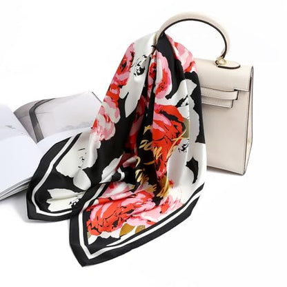 STARWHISPER 27" Square Head Scarf for Women Silk Feeling Satin Scarf Women Fashion Silk Scarf for Wrapping Hair - color: Peony4