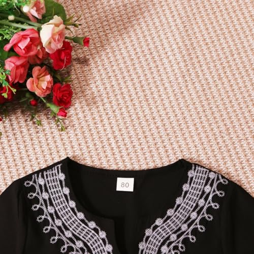 Kids Muslim Short Sleeve Thobe Islamic Boys Lace Embroidery Kaftan Thobes Toddler Soft Abaya Prayer Pullover Clothes - color: Black, size: 12-18 Months