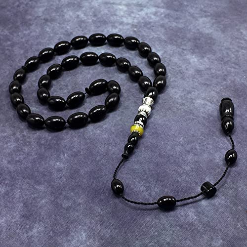 EXCLUSIVE COLLECTION -Handmade Silver Engraved Bakelite Tesbih, Tasbih, Islamic Rosary, Islamic Prayer Beads, Misbaha (7x11 mm 33 Black Rice Beads) - color: 7x11 mm 33 Black Rice Beads