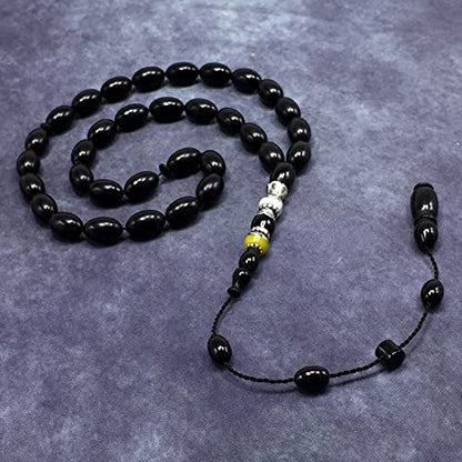 EXCLUSIVE COLLECTION -Handmade Silver Engraved Bakelite Tesbih, Tasbih, Islamic Rosary, Islamic Prayer Beads, Misbaha (7x11 mm 33 Black Rice Beads) - color: 7x11 mm 33 Black Rice Beads