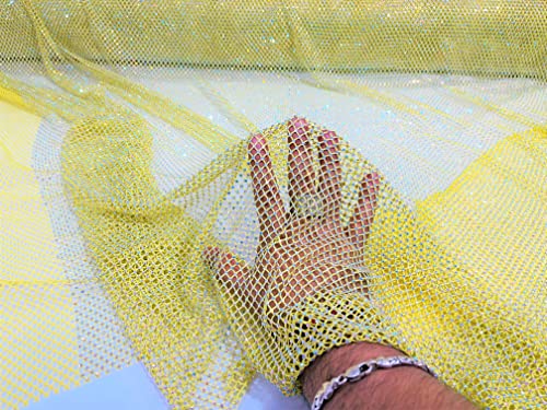 New Creations Fabric & Foam Inc, 45" Wide AB Iridescent Rhinestone On Soft Stretch Fish Net Fabric by The Yard (1 Yard, Iridescent Rhinestones on Yellow Mesh) - color: Iridescent Rhinestones on Yellow Mesh