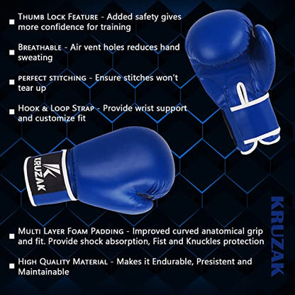 Kruzak Plain Boxing Gloves for Sparring, Kickboxing, Muay Thai, Martial Arts & MMA Fighting - Men & Women Punch Bag Mitts Training and Focus Pads Punching - color: Blue, size: 10 oz