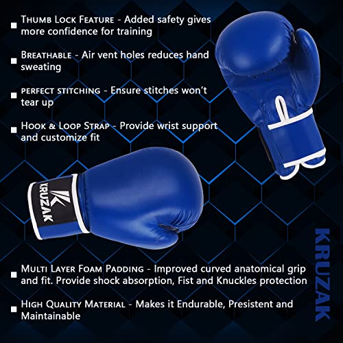 Kruzak Plain Boxing Gloves for Sparring, Kickboxing, Muay Thai, Martial Arts & MMA Fighting - Men & Women Punch Bag Mitts Training and Focus Pads Punching - color: Blue, size: 14 oz