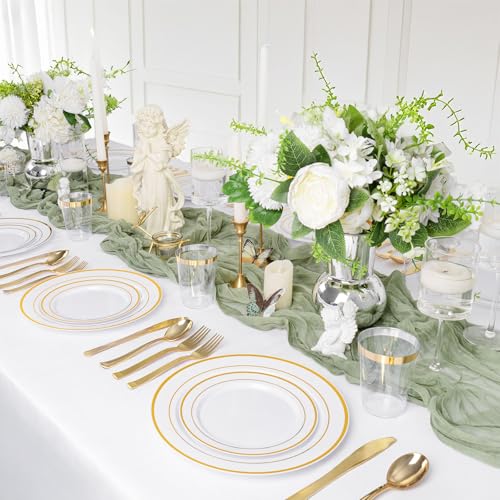Supernal 200pcs Gold Plastic Dinnerware included 25 Party Dinner Plates 25 Dessert Plates 25 Disposable Cups and 25 Paper Napkins Disposable 25 Spoons 25 Knives 50 Forks for Party and Wedding - color: 200pcs White and Gold Plastic Dinnerware